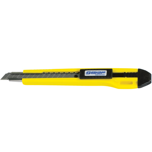 Professional-grade 13 Pt. snap utility knife with steel and plastic construction for maximum durability in high-volume shipping and warehouse environments. Features automatic blade lock and innovative snap-off technology that extends knife life by providing 13 fresh cutting edges per blade. Case of 50 units includes 3 replacement blades per knife for immediate cost savings.