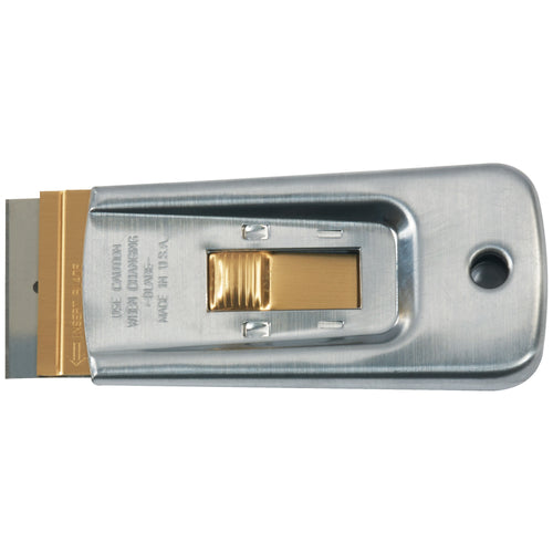 Heavy-duty metal construction retractable scraper knife with jam-proof brass slider button for secure blade locking. Perfect for shipping rooms, warehouses, and packaging operations. Sold as case of 50 units‚maximize efficiency and reduce per-unit costs.