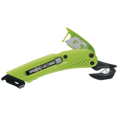 The S5¬Æ 3-in-1 safety cutter combines box cutting, tape splitting, and film cutting in one durable plastic/metal utility knife. Each case includes 12 right-handed models with integrated safety lock-out system and 5-blade storage compartment. Engineered for high-volume warehouse and shipping room operations.