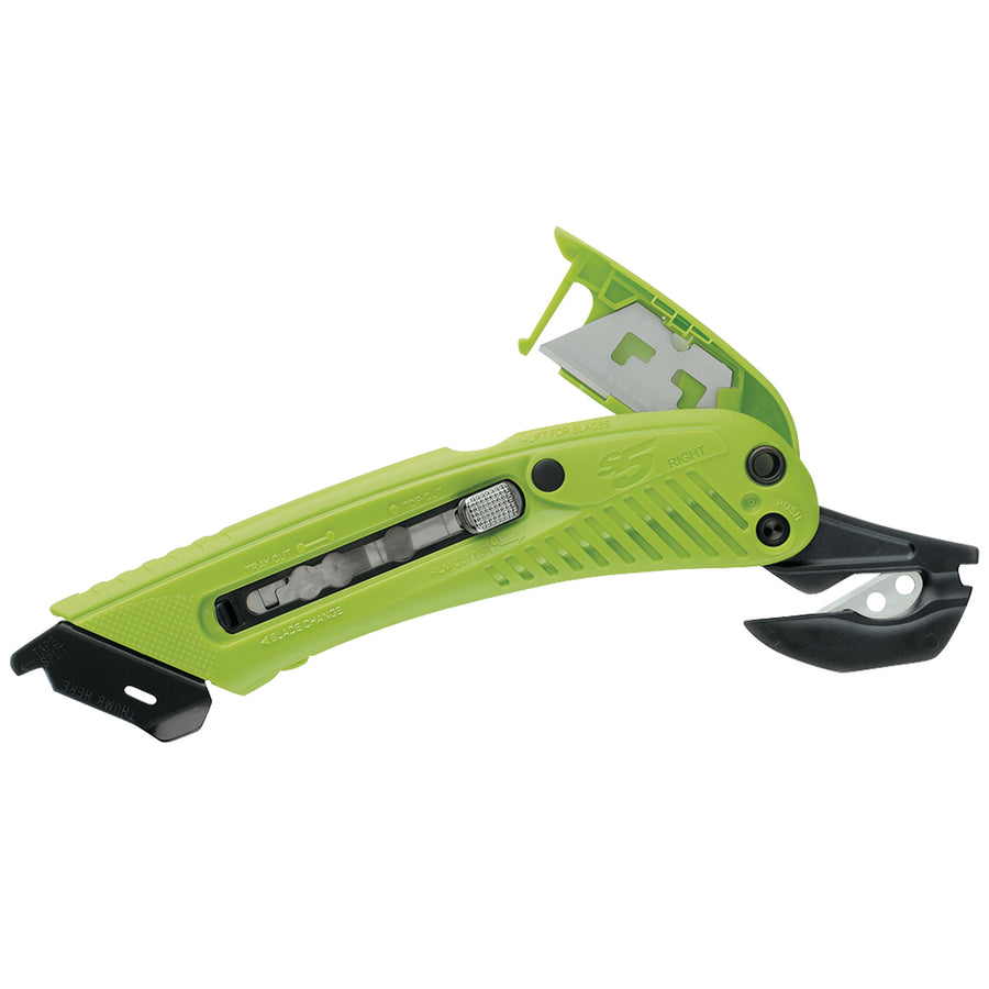 The S5¬Æ 3-in-1 safety cutter combines box cutting, tape splitting, and film cutting in one durable plastic/metal utility knife. Each case includes 12 right-handed models with integrated safety lock-out system and 5-blade storage compartment. Engineered for high-volume warehouse and shipping room operations.