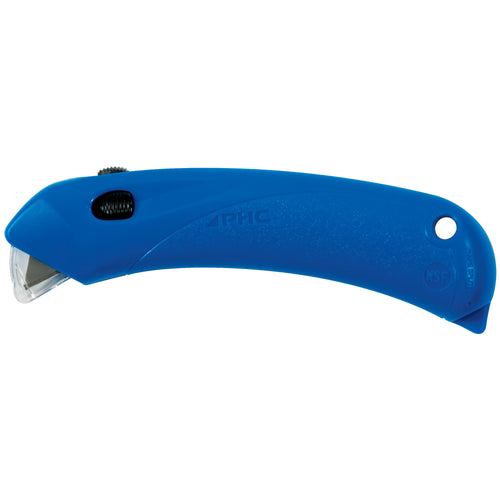 RSC-432 safety cutters deliver accident-prevention design with blade-less tape splitter and retractable hooded guard‚essential utility knives for food service, retail, and warehouse operations. Ambidextrous side-button release accommodates left or right-handed users. Sold as case of 6 blue plastic/metal cutters.
