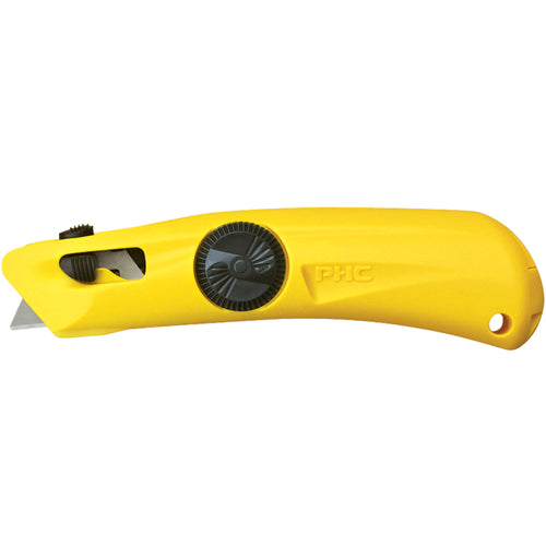 Professional-grade self-retracting utility knife with spring-back safety mechanism designed for high-volume shipping rooms and warehouse operations. Lightweight yellow plastic/metal construction with ambidextrous, three-button design fits any hand. Case of 25 knives includes one Safety Point Blade per unit‚no tools needed for blade changes.
