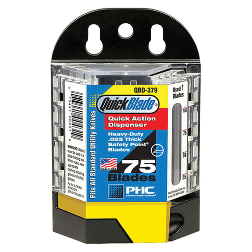 The QBD-379 Quickblade¬Æ blade dispenser is engineered for shipping rooms and warehouses that demand safety and efficiency. This steel and plastic dispenser holds 75 .025-thickness blades with a dedicated disposal chamber, eliminating puncture hazards and workplace injuries. Secure wall or pegboard mounting keeps your utility blades organized and accessible.