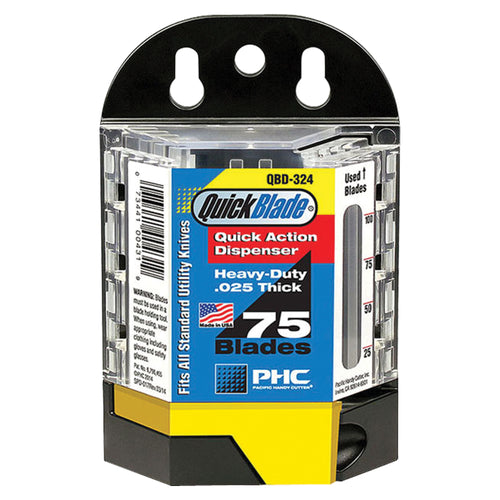 The QBD-324 Quickblade¬Æ blade dispenser stores and dispenses 75 standard trapezoid utility knife blades efficiently. Steel and plastic construction features a secure wall or pegboard mount with key-lock holes and integrated blade disposal chamber. Essential for high-volume shipping rooms and warehouse operations.