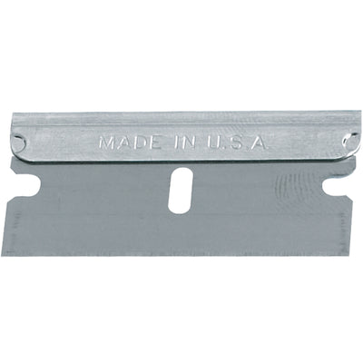 Precision-sharpened single edge replacement blades (.009" metal thickness) designed for universal fit in standard razor blade tools. Case of 100 blades delivers cost-efficient durability for high-volume shipping rooms and warehouse operations. Double-notch design ensures reliable performance whether used in a tool or standalone.