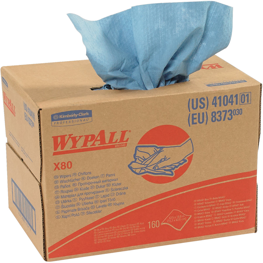Kimberly Clark¬Æ WypALL¬Æ X80 heavy-duty wipers outperform standard shop towels and rags with superior oil and water absorption pound for pound. Each dispenser box contains 12.5x16.8" wipers with 74 lb. basis weight‚engineered to maintain strength in solvents with zero holes, strings, or metal chips. Case of 1 delivers the most durable janitorial solution for demanding industrial cleaning tasks.