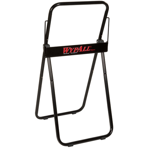 Portable black jumbo roll dispenser engineered for high-traffic warehouse and janitorial environments. Measures 16.75