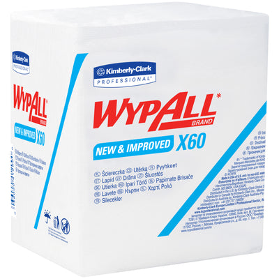 Kimberly Clark® WypALL® X60 industrial wipers combine exceptional absorbing power with reinforced durability for demanding cleaning tasks. Each 12.5"x12" white wipe is 1/4-fold for easy dispensing, sold as a case of 12 for maximum bulk savings. Tough enough for heavy-duty scrubbing yet gentle enough for face and hands.