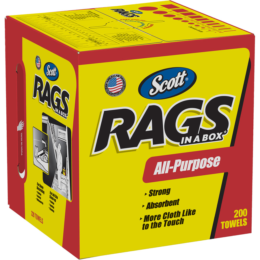 Scott¬Æ Rags in a Box combine cloth-like feel with superior absorbency for both wet and dry cleaning applications. Each 10"x12" white rag is housed in a convenient pop-up box with built-in handle for easy portability and workspace organization. Buy by the case (8 boxes) and reduce your janitorial supply costs.