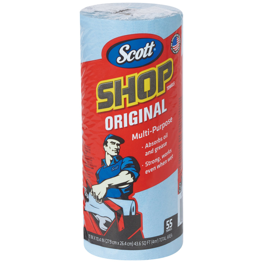Scott® Blue Shop Towels deliver industrial-strength cleaning power in a convenient roll format. Each case includes 12 rolls (11" x 10.4") with perforated sheets for easy dispensing on standard paper towel holders. Ideal for absorbing grease, oils, liquids, and spills in high-traffic facilities.