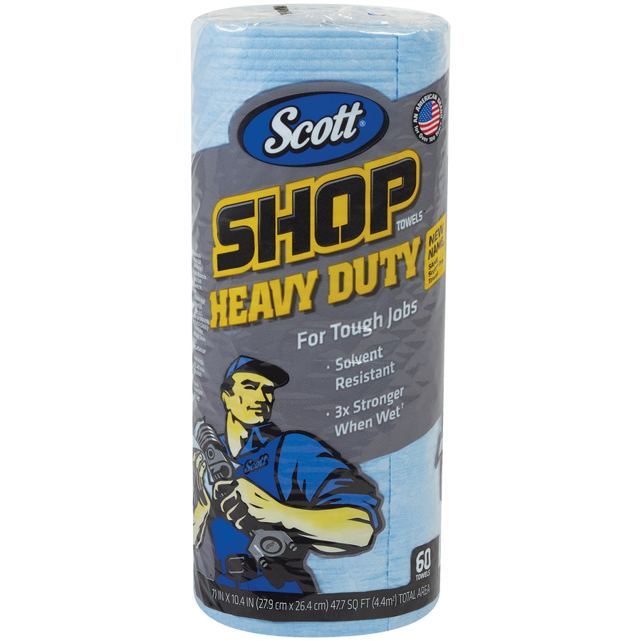 Scott® Heavy Duty Shop Towels deliver extreme durability for the toughest industrial cleaning tasks. Features solvent-resistant Hydroknit construction that withstands harsh chemicals and solvents. Each case includes 12 rolls of 10.4"x11" blue towels for maximum value and efficiency.