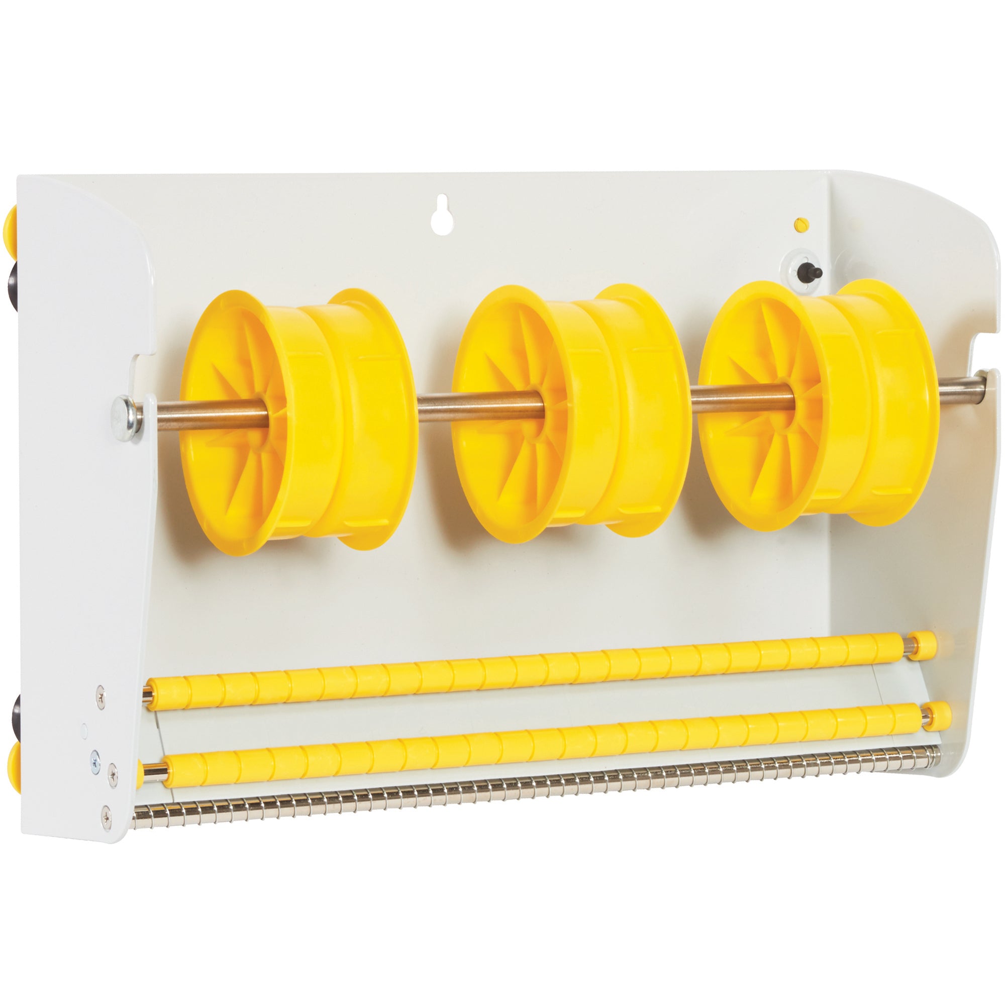 Save workspace with this durable 12.5" metal wall mount label dispenser designed for high-volume shipping operations. Heavy-duty all-metal construction holds rolls up to 7" in diameter. Quick-load threading and dual mount options–wall or counter–make it the ideal shipping supply solution for logistics coordinators.