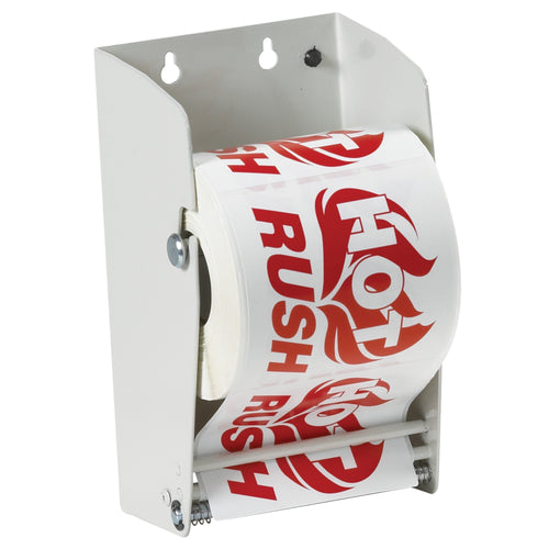 Heavy-duty metal construction label dispenser designed for high-volume shipping operations. Mounts on walls or sits on counters, holds rolls up to 7