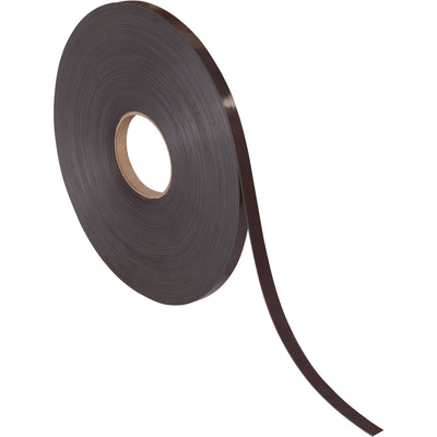 Self-adhesive magnetic tape transforms standard surfaces into magnetic zones without hardware installation. 1/2" wide x 100' roll with permanent adhesive backing and magnetic front surface. Ideal for packing lines, warehouse organization, and rack labeling applications.