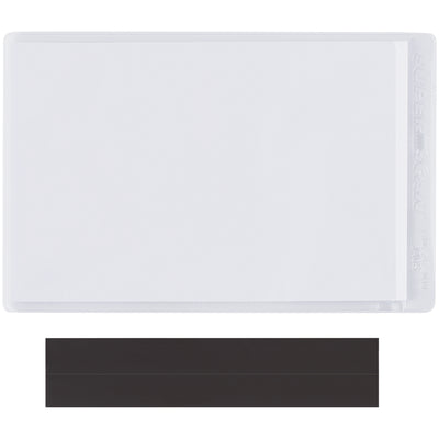 Magnetic vinyl label holders designed for industrial warehouse and machinery applications. The 4x6 clear vinyl envelopes feature easy-relocation magnetic backing and include pre-sized inserts compatible with laser and inkjet printing. Sold as a case of 50 units with Microsoft Word formatting template included.