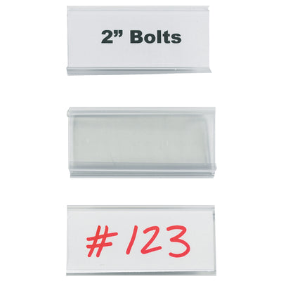 Snap-on label holders designed for wire shelving systems‚install and reposition instantly without tools. Clear plastic construction with barcode-compatible cover protects inserts from damage. 3" x 1 5/16" size fits standard 1.25"‚1.5" shelf faces; 25 holders per case with white inserts included.