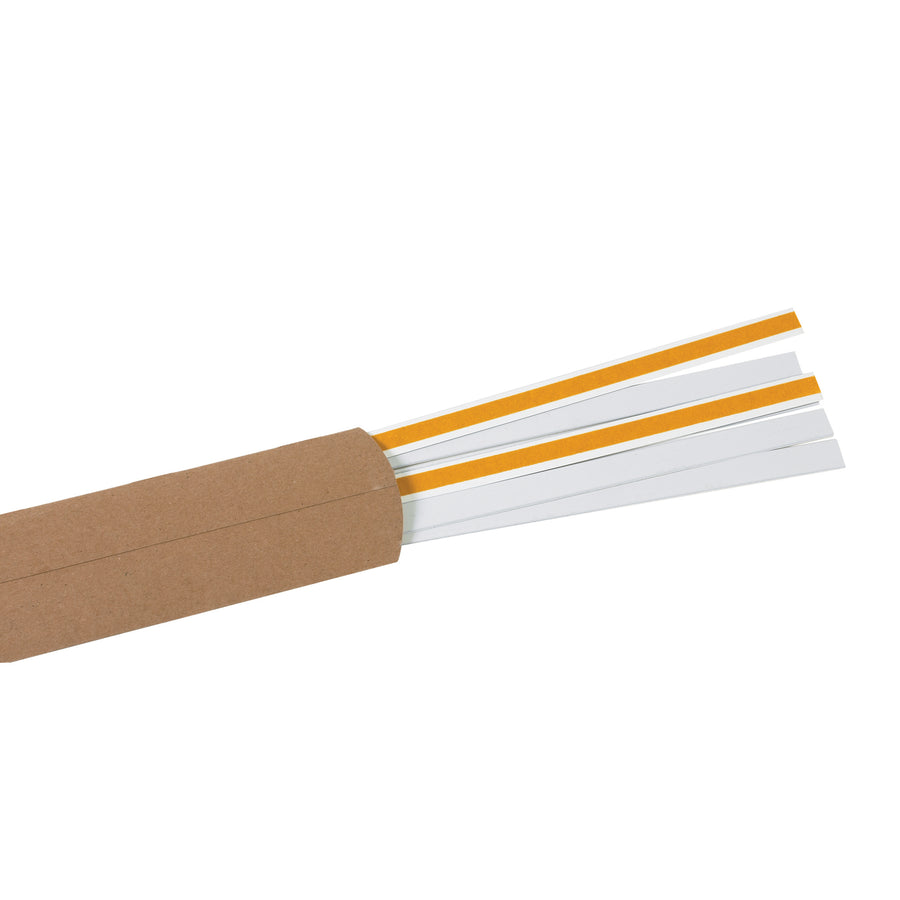 Heavy-duty PVC self-adhesive label holder strips designed for shipping rooms and warehouses. Each 3/4" x 36" strip mounts instantly on boxes, racks, and containers for barcode visibility and compliance. Pack of 6 strips per case–no inserts included.