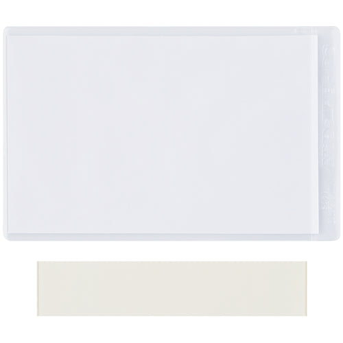 Durable 4x8 clear vinyl press-on envelopes designed for high-visibility pallet rack labeling in warehouses and shipping rooms. Self-adhesive backing with side-load design ensures quick, secure installation. Each case includes 50 holders plus white inserts ready for laser/inkjet printing.