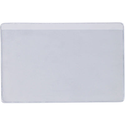 Clear vinyl press-on label holders sized 3x5" with long side open design‚ideal for pallet rack applications and high-volume warehouse labeling. Each case includes 50 holders plus white laser/inkjet printable inserts. Matte finish backing adheres securely to metal and plastic surfaces without damage.
