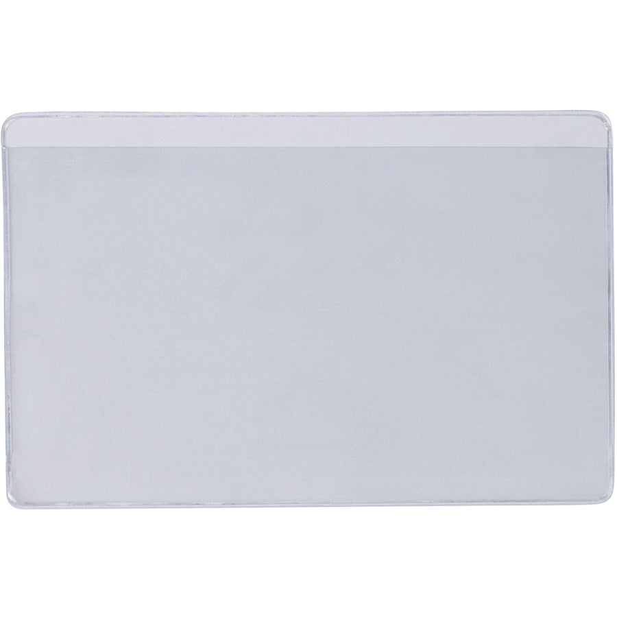 Clear vinyl press-on label holders sized 3x5" with long side open design–ideal for pallet rack applications and high-volume warehouse labeling. Each case includes 50 holders plus white laser/inkjet printable inserts. Matte finish backing adheres securely to metal and plastic surfaces without damage.