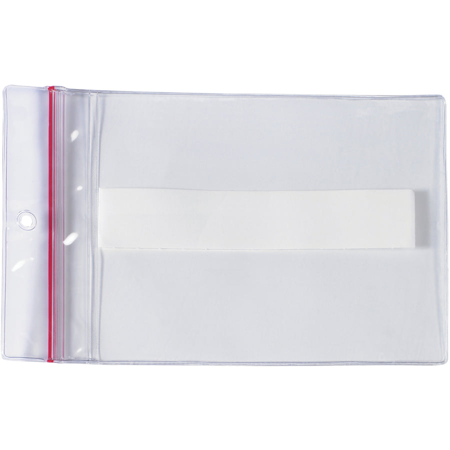 Secure your warehouse labels with 9x12" clear vinyl reclosable envelopes featuring a single-track zipper that keeps inserts clean and moisture-free. Self-adhesive backing adheres to any dry, smooth surface for instant rack labeling. Sold as a case of 25 for maximum cost efficiency.