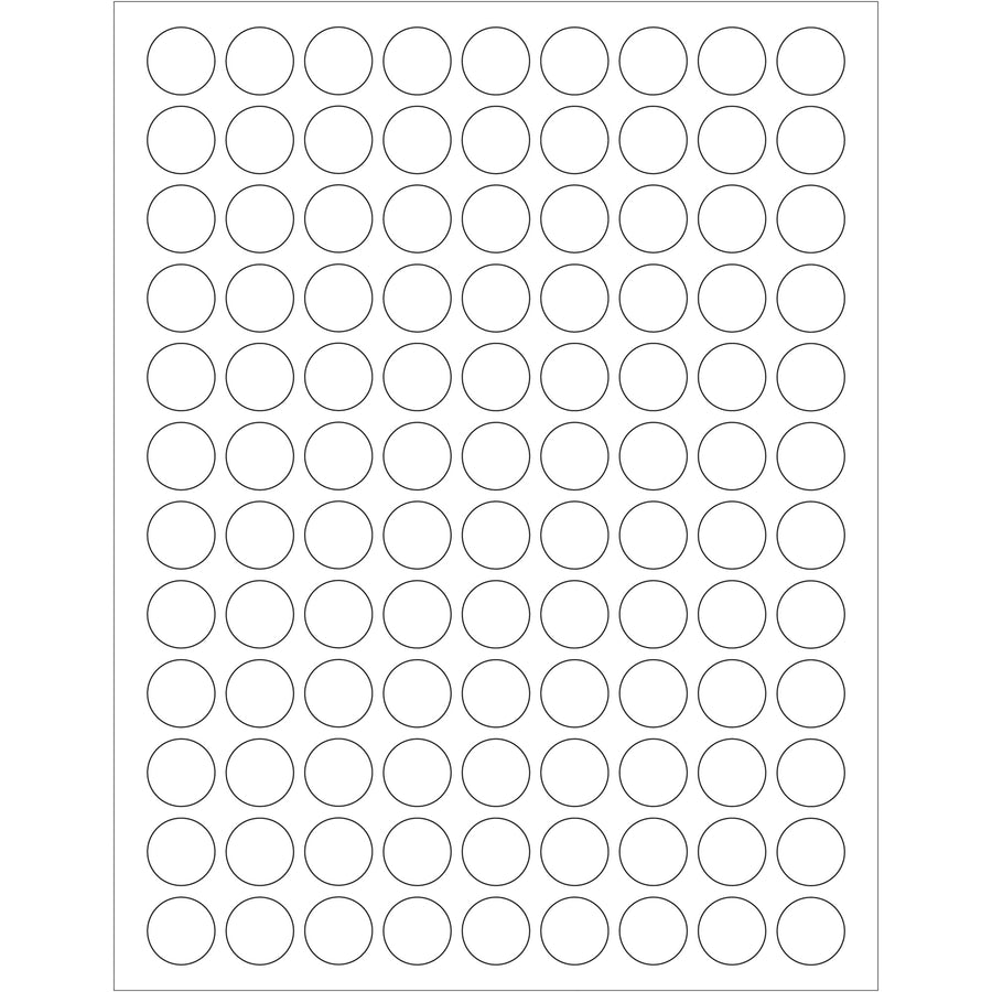 Professional-grade 3/4" white circle laser labels featuring permanent acrylic adhesive for durable, long-lasting label solutions. Compatible with both laser and inkjet printers, these printable labels adhere reliably to paper, corrugated, plastic, wood, glass, and metal surfaces. Bulk case of 10,800 labels provides exceptional value for high-volume shipping and product labeling operations.