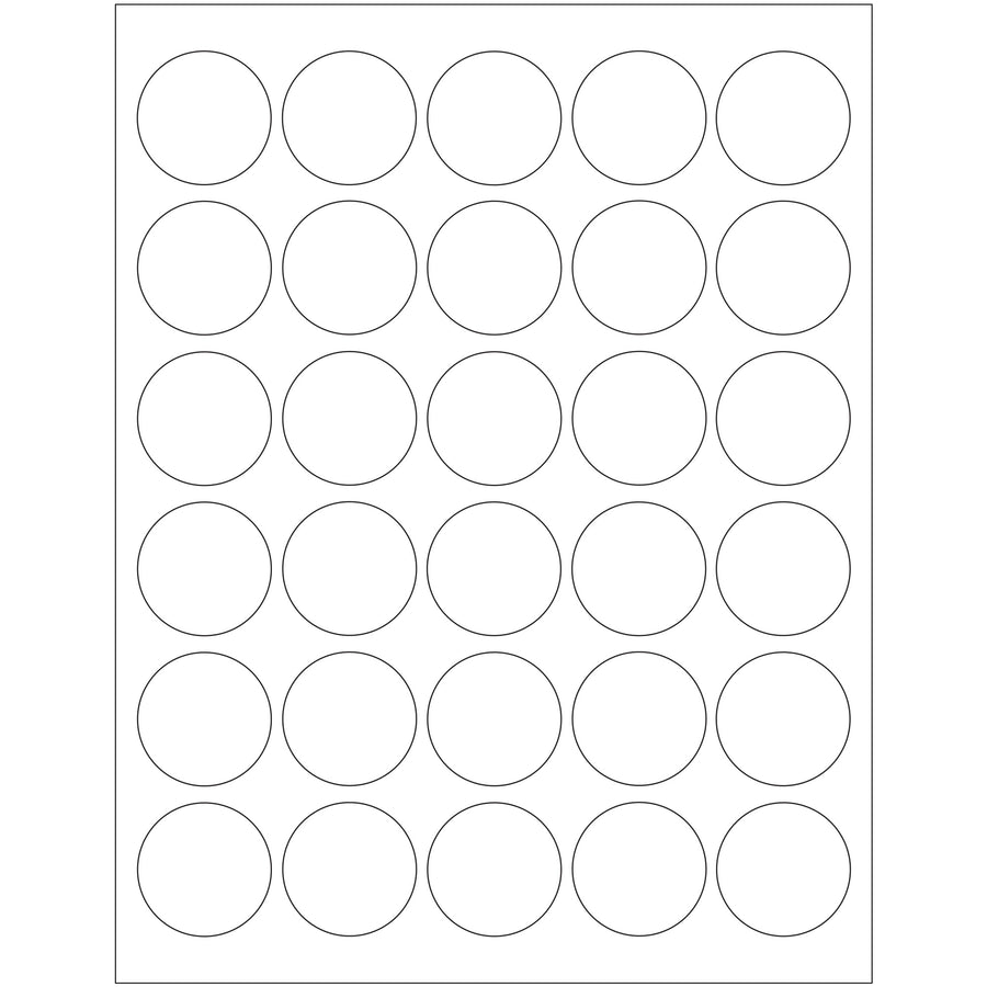 Professional 1.5" white circle laser labels with permanent acrylic adhesive stick reliably to paper, corrugated, plastic, metal, and glass surfaces. Compatible with both laser and inkjet printers‚print directly using our free Word template. Sold as a case of 3000 labels.