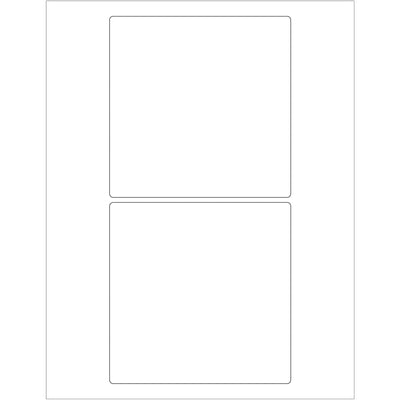 Professional-grade 5x5" white rectangle laser labels featuring permanent acrylic adhesive for reliable adhesion to corrugated, plastic, metal, and glass surfaces. Pre-formatted Microsoft Word template included for quick deployment. Case of 200 labels ready to print.