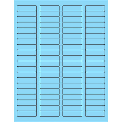 High-visibility fluorescent pastel blue rectangle laser labels sized 1.75" x 0.5" with permanent acrylic adhesive. Print custom shipping, product, or compliance labels using laser or inkjet printers. Case of 8000 labels sticks reliably to corrugated, plastic, metal, glass, and paper surfaces‚ideal for logistics operations requiring durable, visible identification.