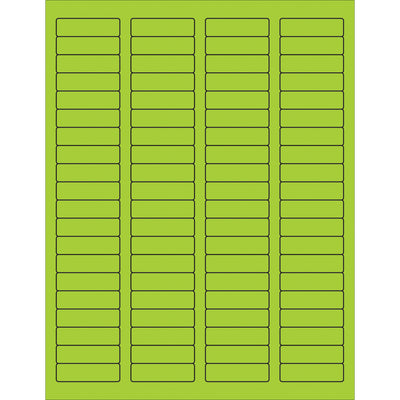 High-visibility fluorescent green rectangle laser labels sized 1.75" x 0.5" with permanent acrylic adhesive for reliable surface adherence. Compatible with laser and inkjet printers, these printable labels work on paper, corrugated, plastic, wood, glass, and metal surfaces. Sold as a case of 8,000 labels with pre-formatted Microsoft Word templates for quick deployment.