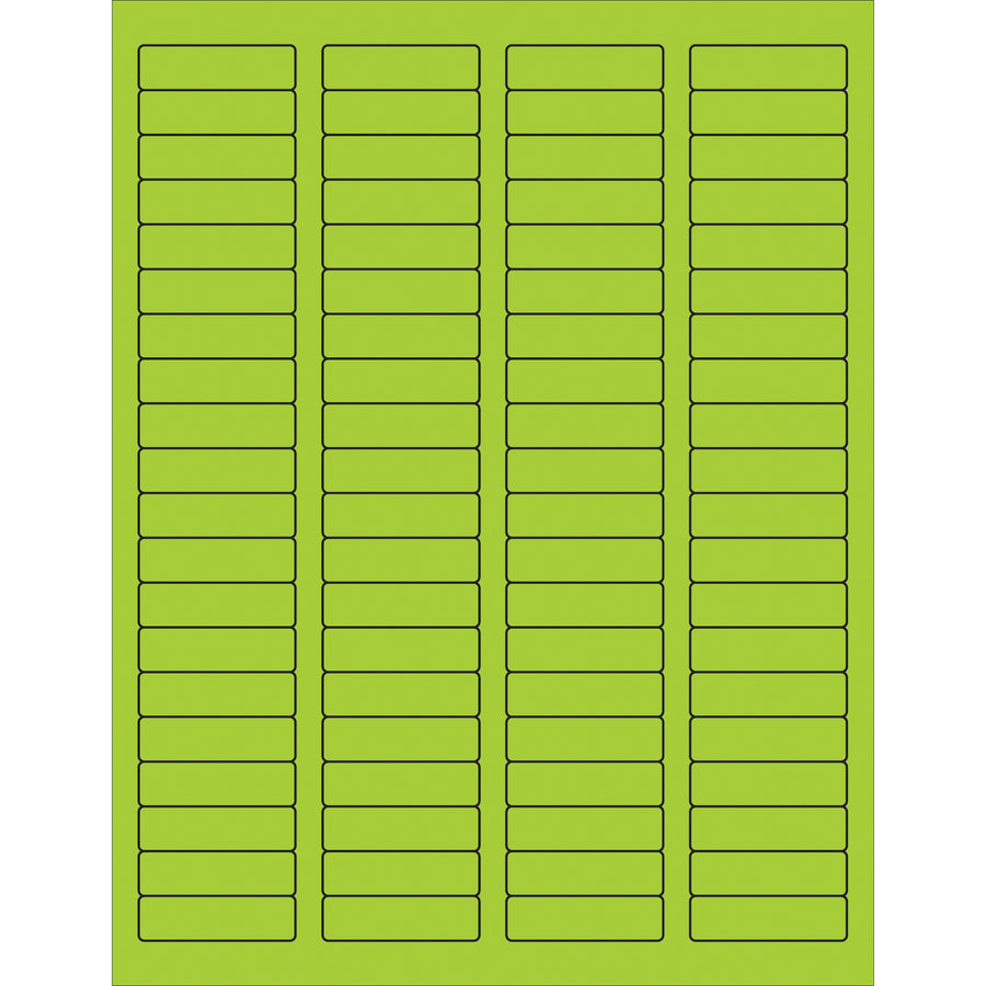 High-visibility fluorescent green rectangle laser labels sized 1.75" x 0.5" with permanent acrylic adhesive for reliable surface adherence. Compatible with laser and inkjet printers, these printable labels work on paper, corrugated, plastic, wood, glass, and metal surfaces. Sold as a case of 8,000 labels with pre-formatted Microsoft Word templates for quick deployment.