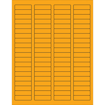 High-visibility fluorescent orange rectangle laser labels in 1.75" x 0.5" dimensions with permanent acrylic adhesive. Compatible with laser and inkjet printers, these labels adhere to paper, corrugated, plastic, wood, glass, and metal surfaces–ideal for shipping coordinators managing compliance labeling and product identification across multiple carrier networks.