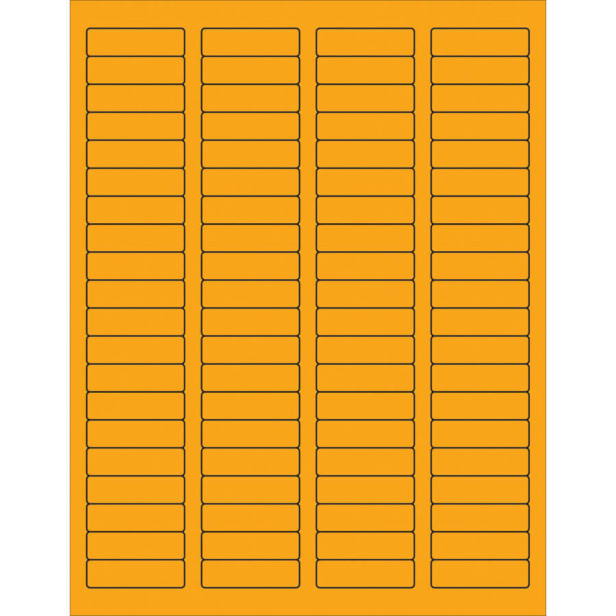 High-visibility fluorescent orange rectangle laser labels in 1.75" x 0.5" dimensions with permanent acrylic adhesive. Compatible with laser and inkjet printers, these labels adhere to paper, corrugated, plastic, wood, glass, and metal surfaces–ideal for shipping coordinators managing compliance labeling and product identification across multiple carrier networks.