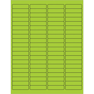 High-visibility fluorescent green rectangle laser labels with permanent acrylic adhesive for shipping, compliance, and product identification. Each case contains 8,000 printable labels (1 15/16" x 1/2") compatible with laser and inkjet printers. Adheres reliably to paper, corrugated, plastic, metal, and glass surfaces.