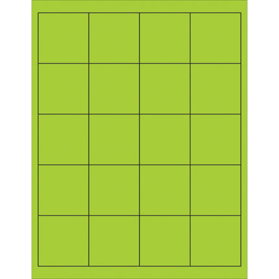 High-visibility 2" x 2" fluorescent green rectangle laser labels with permanent acrylic adhesive for maximum durability. Compatible with laser and inkjet printers, these printable labels adhere reliably to paper, corrugated, plastic, wood, glass, and metal surfaces. Order 2000 labels per case with ready-to-use Microsoft Word template included.