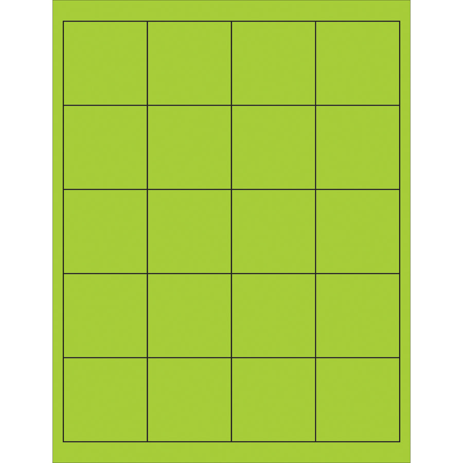 High-visibility 2" x 2" fluorescent green rectangle laser labels with permanent acrylic adhesive for maximum durability. Compatible with laser and inkjet printers, these printable labels adhere reliably to paper, corrugated, plastic, wood, glass, and metal surfaces. Order 2000 labels per case with ready-to-use Microsoft Word template included.