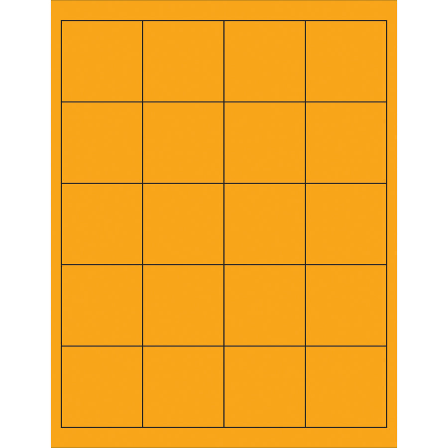 High-visibility fluorescent orange rectangle laser labels sized 2x2" with permanent acrylic adhesive for reliable label staying power on any surface. Compatible with laser and inkjet printers–ideal for creating custom shipping, product, and mailing labels in-house. Case of 2000 labels with Microsoft Word template included for quick formatting.