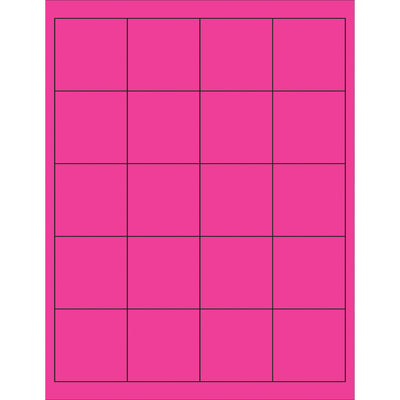 High-visibility fluorescent pink rectangle laser labels sized 2x2" with permanent acrylic adhesive for shipping, compliance, and product identification. Works with laser and inkjet printers. Sold as a case of 2,000 labels with easy-to-use Microsoft Word template included.