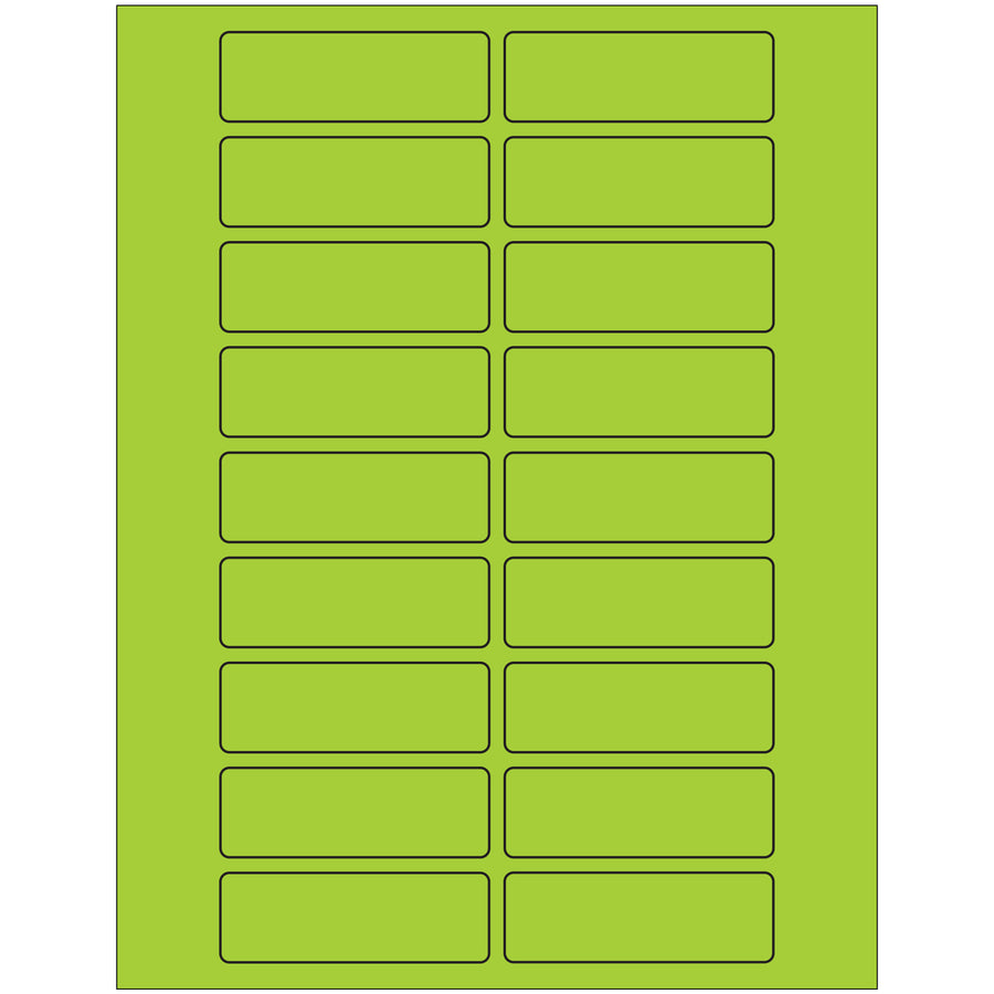 Bright fluorescent green rectangle laser labels (3" x 1") with permanent acrylic adhesive for maximum visibility on shipments and packages. Compatible with laser and inkjet printers. Case of 2,000 labels adheres to paper, corrugated, plastic, metal, and glass surfaces–ideal for compliance labeling, product identification, and international shipping documentation.