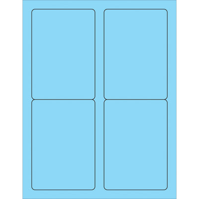 High-visibility fluorescent pastel blue rectangle laser labels sized 3.5" x 5" for professional shipping, product, and mailing applications. Permanent acrylic adhesive bonds securely to paper, corrugated, plastic, metal, glass, and wood surfaces. Case of 400 labels ready to print with your laser or inkjet printer.