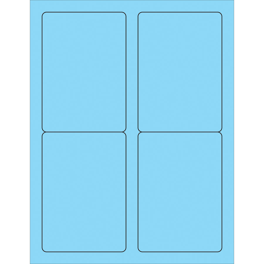High-visibility fluorescent pastel blue rectangle laser labels sized 3.5" x 5" for professional shipping, product, and mailing applications. Permanent acrylic adhesive bonds securely to paper, corrugated, plastic, metal, glass, and wood surfaces. Case of 400 labels ready to print with your laser or inkjet printer.