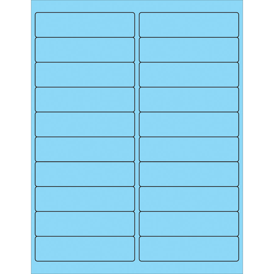 High-visibility 4x1" fluorescent pastel blue rectangle laser labels with permanent acrylic adhesive. Print-ready for laser and inkjet printers. 2000 labels per case–ideal for compliance labeling, product identification, and shipping applications requiring maximum visibility and durability across paper, corrugated, plastic, and metal surfaces.
