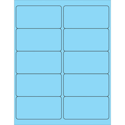 Professional-grade 4x2" fluorescent pastel blue rectangle laser labels for high-visibility product and mailing identification. Permanent acrylic adhesive bonds to paper, corrugated, plastic, metal, and glass surfaces. Case of 1,000 labels with Microsoft Word template for quick formatting.