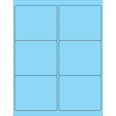 Fluorescent pastel blue rectangle laser labels sized 4" x 3 1/3" with permanent acrylic adhesive for professional product and mailing identification. Compatible with both laser and inkjet printers, these 600-count case labels adhere reliably to paper, corrugated, plastic, metal, glass, and wood surfaces. Includes pre-formatted Microsoft Word template for fast custom design and deployment.