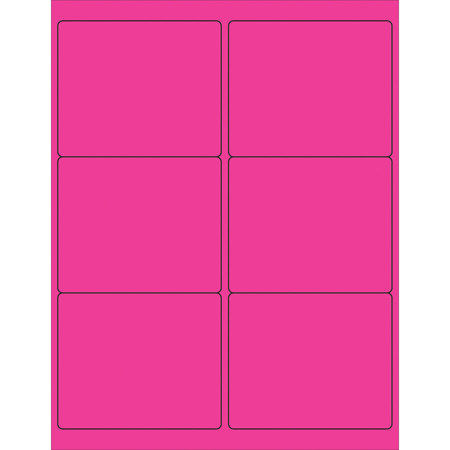High-visibility fluorescent pink rectangle laser labels ideal for shipping, inventory, and compliance labeling. 4" x 3 1/3" permanent acrylic adhesive, 600 labels per case. Compatible with laser and inkjet printers–works on paper, corrugated, plastic, metal, and glass surfaces.