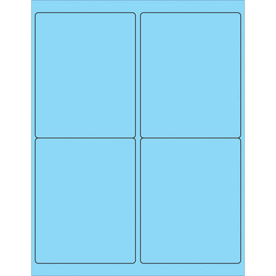 High-visibility fluorescent pastel blue rectangle laser labels sized 4" x 5" with permanent acrylic adhesive. Sold as a case of 400 pre-cut labels, ready to print and apply to corrugated boxes, packages, and shipping containers. Compatible with laser and inkjet printers for instant customization.