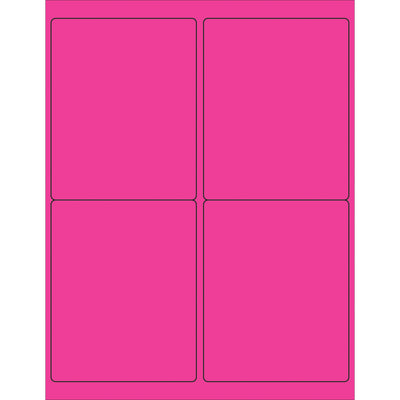 High-visibility fluorescent pink rectangle laser labels sized 4" x 5" with permanent acrylic adhesive for durable, long-lasting application. Compatible with laser and inkjet printers, these labels adhere reliably to paper, corrugated, plastic, wood, glass, and metal surfaces. Each case contains 400 labels with easy-to-use Microsoft Word template formatting.