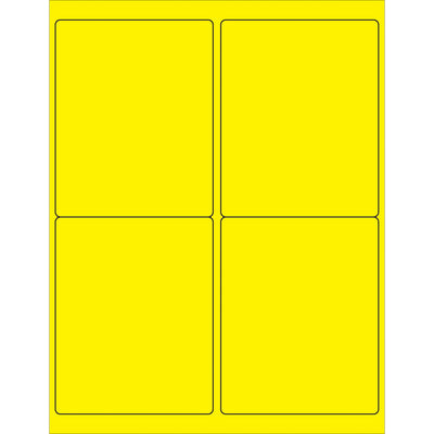 High-visibility fluorescent yellow rectangle laser labels sized 4" x 5" with permanent acrylic adhesive that sticks to paper, corrugated, plastic, metal, and glass. Works with both laser and inkjet printers. Each case contains 400 labels ready to print and deploy.