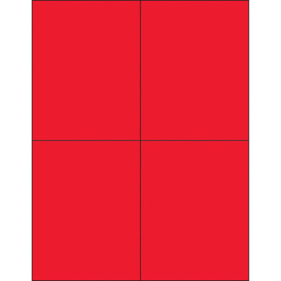 High-visibility fluorescent red rectangle laser labels sized 4.25" x 5.5" with permanent acrylic adhesive. Print with laser or inkjet printers on paper, corrugated, plastic, and metal surfaces. Case of 400 labels ships ready for your shipping, compliance, and product identification needs.