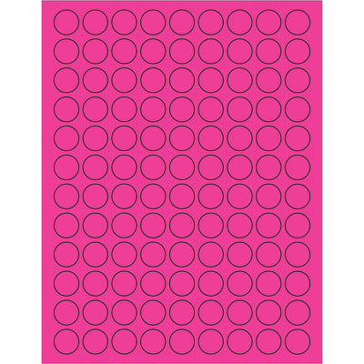 High-visibility 3/4" diameter fluorescent pink circle labels designed for shipping coordinators and logistics professionals who need maximum visibility on packages and containers. Permanent acrylic adhesive bonds instantly to paper, corrugated, plastic, metal, and glass surfaces. Case of 10,800 labels compatible with both laser and inkjet printers.